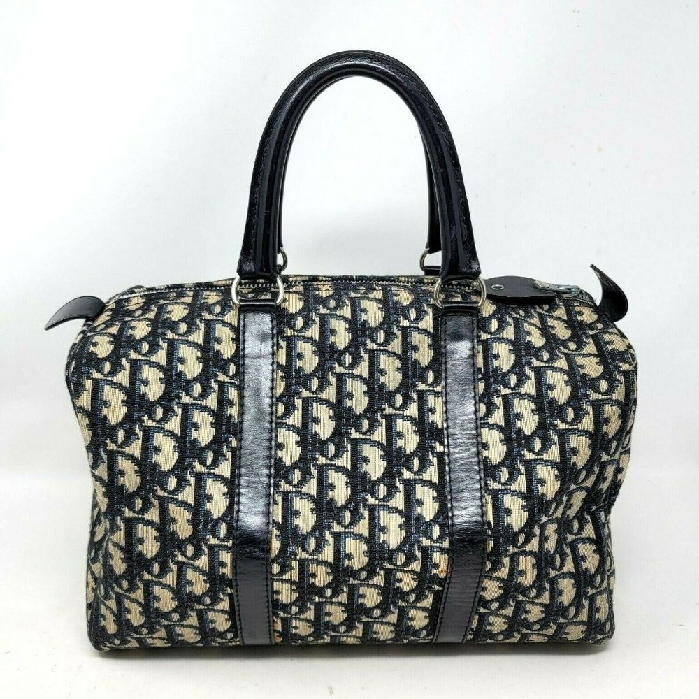 Christian Dior Oblique Saddle Navy Canvas Leather Boston Speedy Hand Bag Auth - Picture 1 of 11